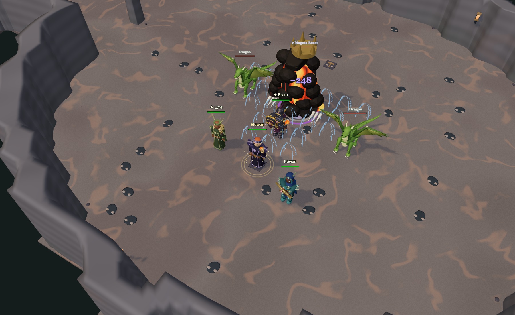 A party facing dragons and a Magma Beast in the underground hunting grounds of Emberdeep