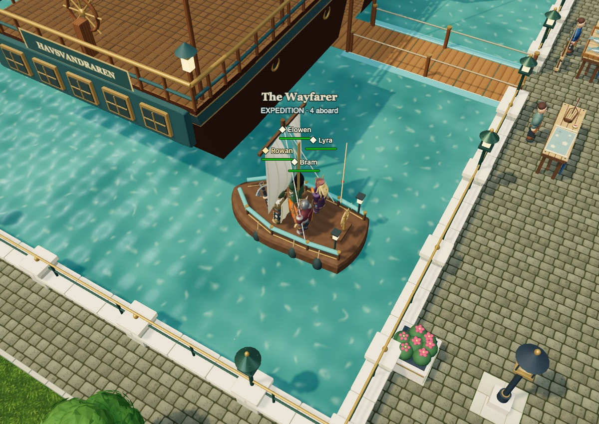 Four adventurers aboard The Wayfarer with a fishing rod on deck and their in-game names and health bars
