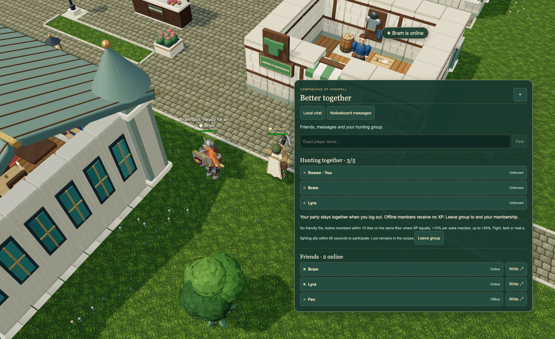 Adventurers in town beside Avenfell's friend list, online notification and hunting party panel