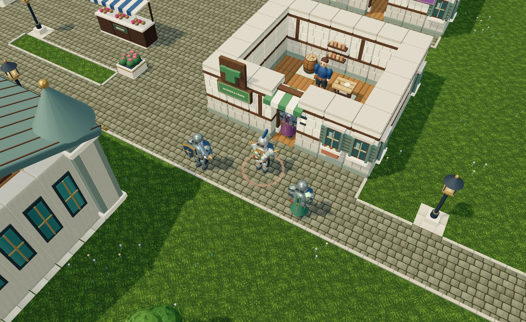 Four adventurers meeting by the shops and cobbled paths of town
