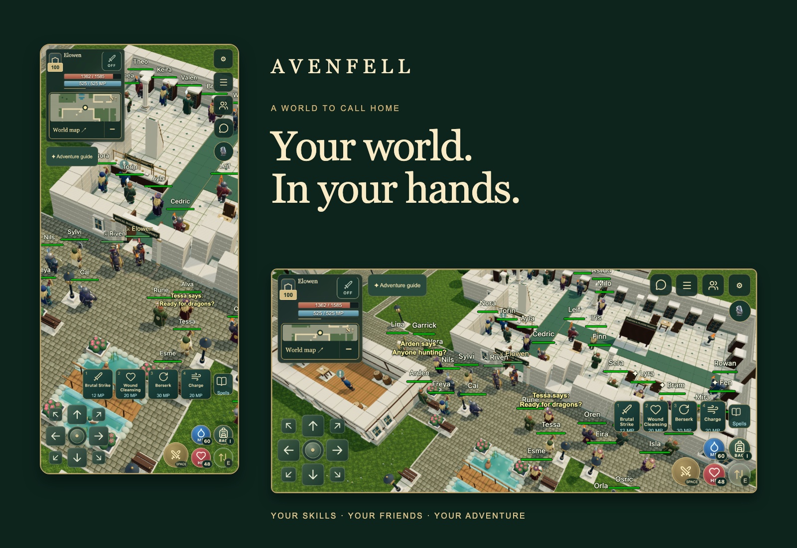 The complete Avenfell interface in portrait and landscape phone layouts