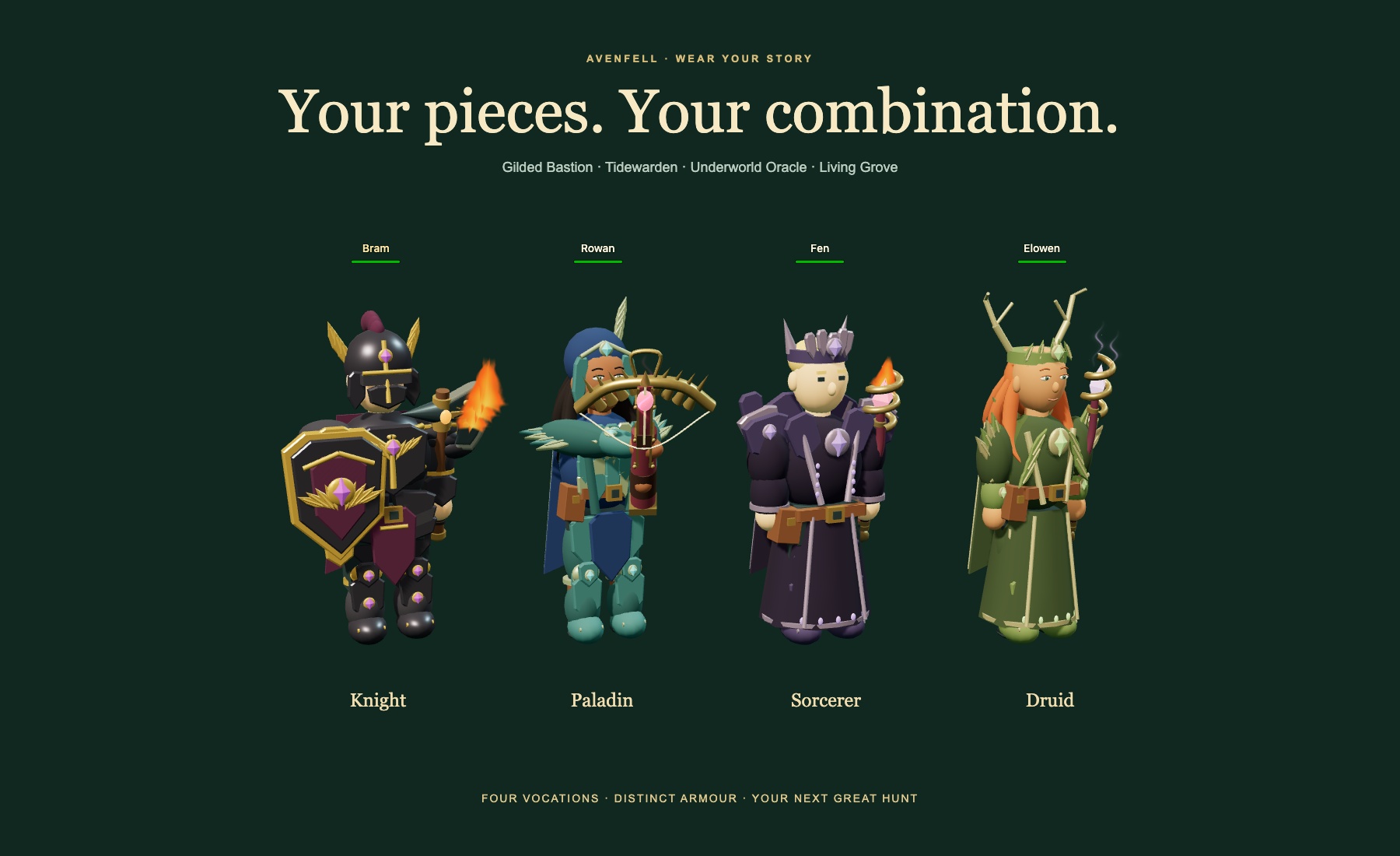 Knight, Paladin, Sorcerer and Druid in the selected Gilded Bastion, Tidewarden, Underworld Oracle and Living Grove equipment, with male and female character models