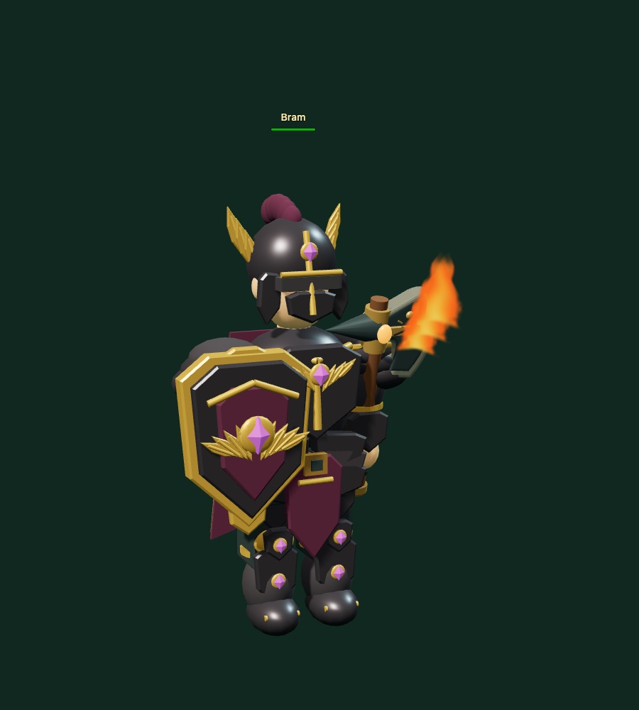 A male Knight wearing Gilded Bastion equipment, with the in-game name and health bar