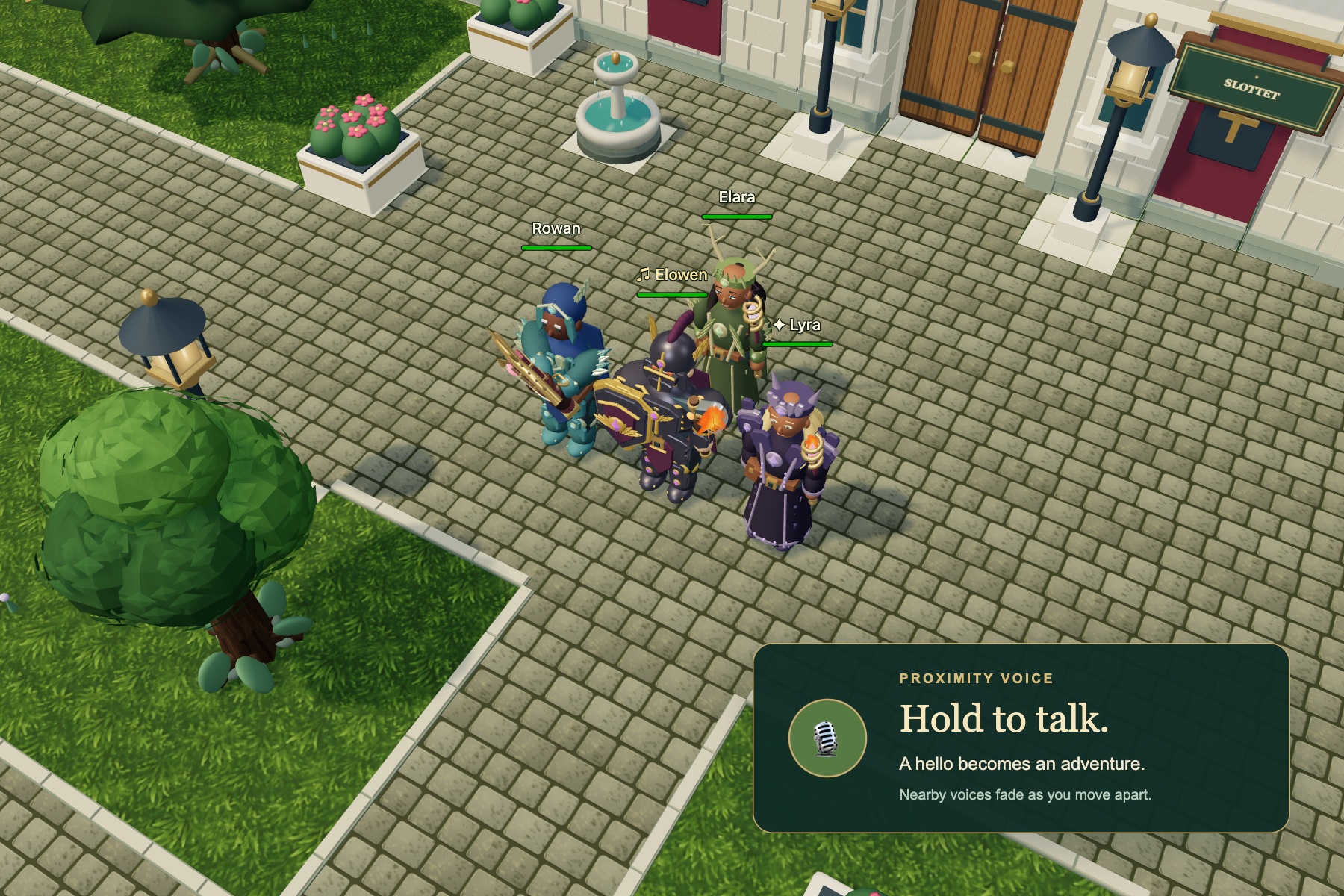 Four geared Avenfell adventurers with in-game names and health bars, the active microphone button and a proximity voice callout